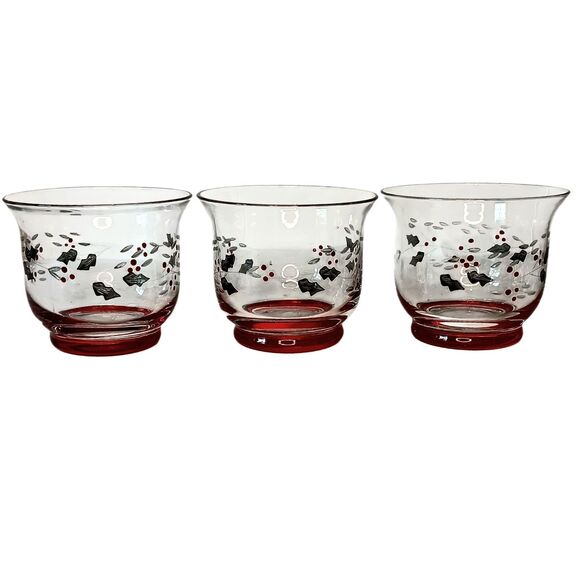 Winterberry Votive Candle Holders Clear Cut Glass Red Green Pfaltzgraff Set Of 3 - Picture 1 of 8